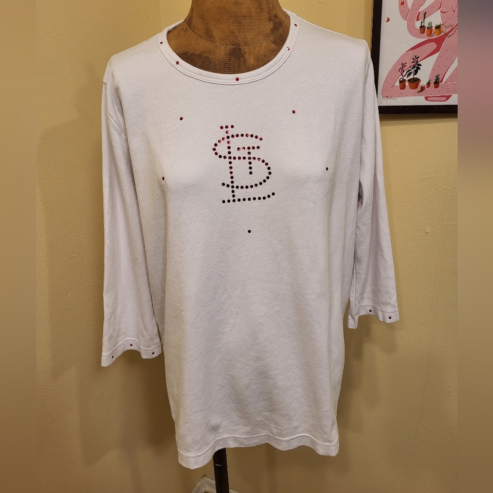 St Louis Cardinals Rhinestone Shirt Top White 3/4 Sleeve Size Large